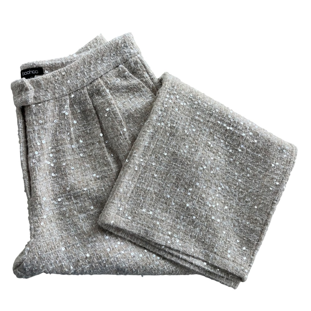 Boohoo Women's 10 Beige Irridescent Sequins Wide Leg Tweed Trousers Pants Preppy